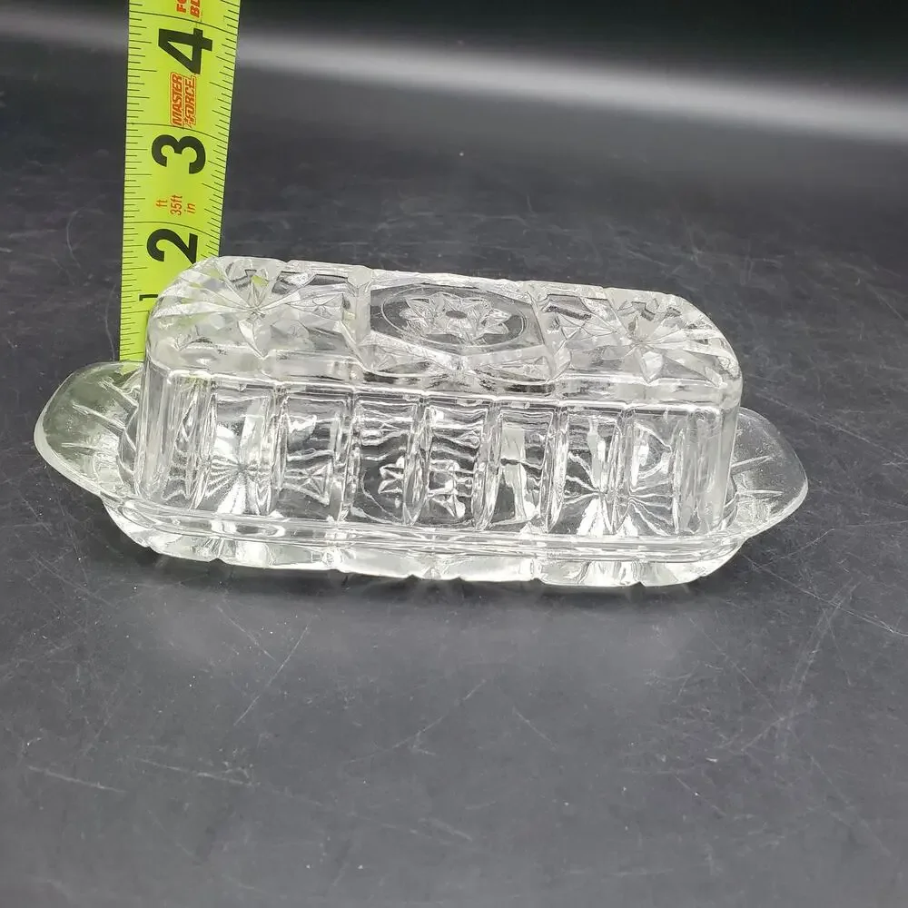 Vintage Cut Pressed Glass Covered Butter Dish Starburst Diamond Pattern